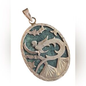 Vintage Guatemalan Sterling Pendant, Artisan Reversible,  Jade Quetzal Bird